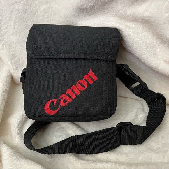 Vtg Canon Camera Bag Shoulder Lens 1990s Black Red Logo 3 Compartments - Picture 1 of 8